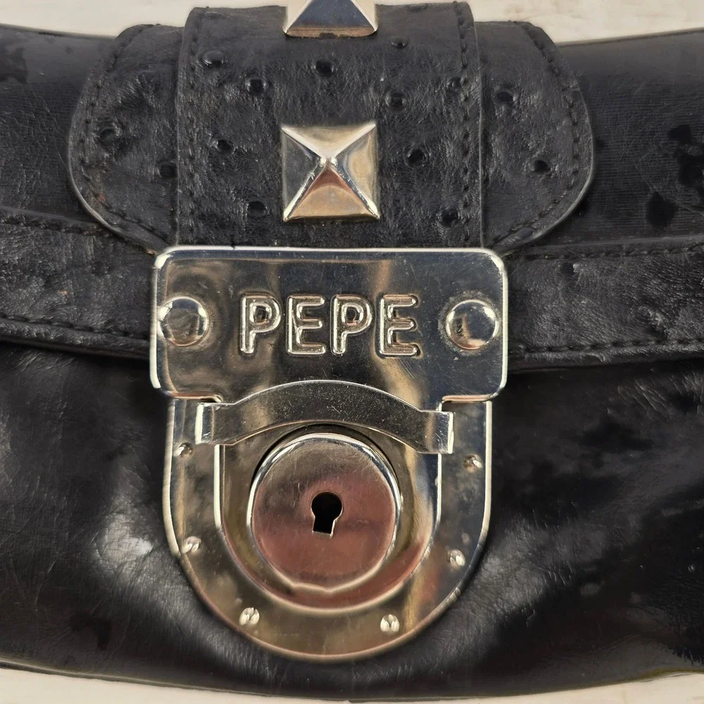 Pepe Jeans London Black Ostrich Embossed Studded Y2K Baguette Shoulder Bag‎